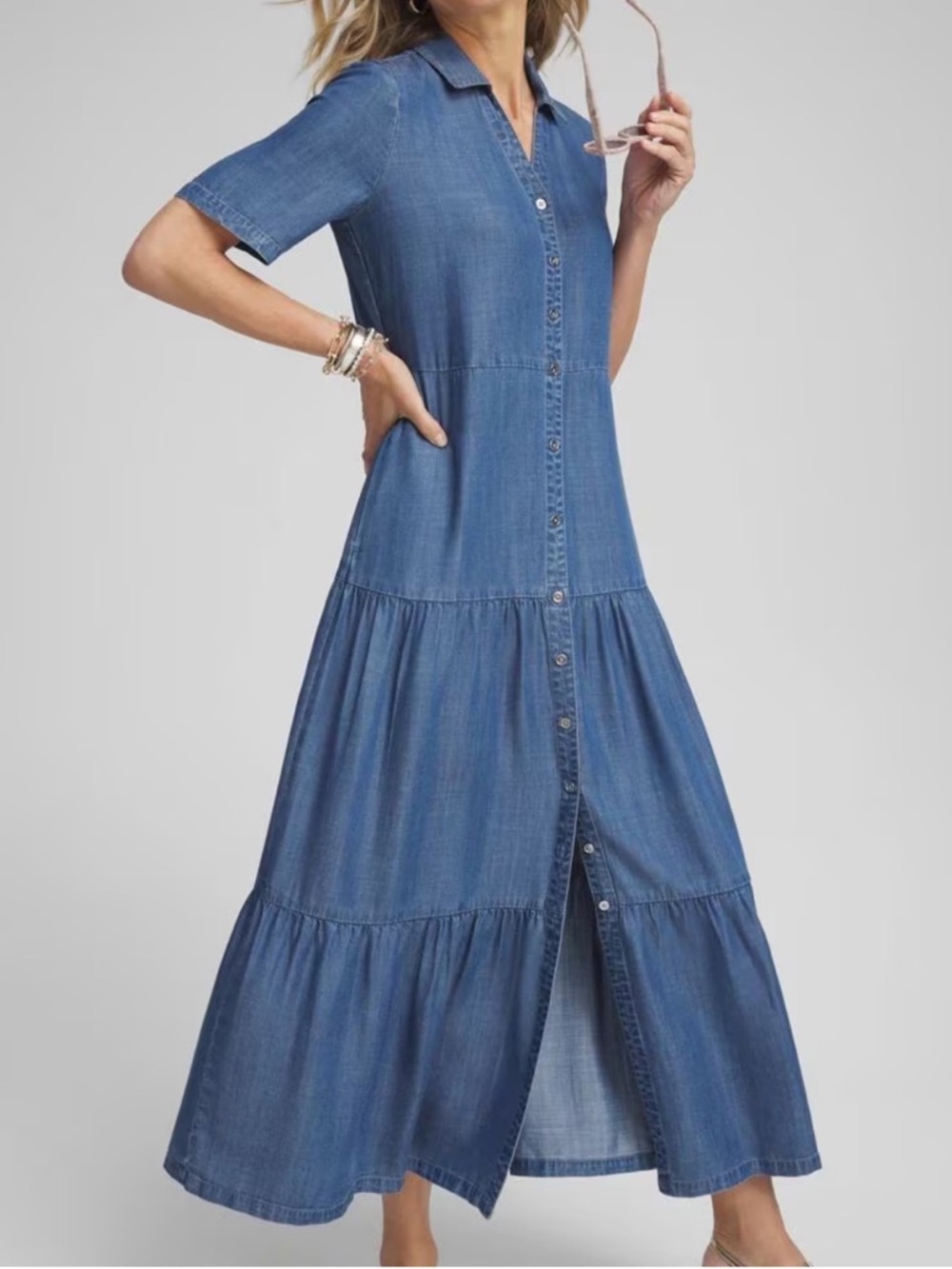 Chicos Blue Denim Button-Front Maxi Dress tiered 0.5 size 6
